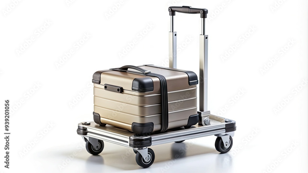 Small, sturdy airport luggage trolley with four rotating wheels, compact design, and adjustable telescoping handle, perfect for carrying suitcases and travel essentials. Small, sturdy airport luggage trolley with four rotating wheels, compact design, and adjustable telescoping handle, perfect for carrying suitcases and travel essentials.