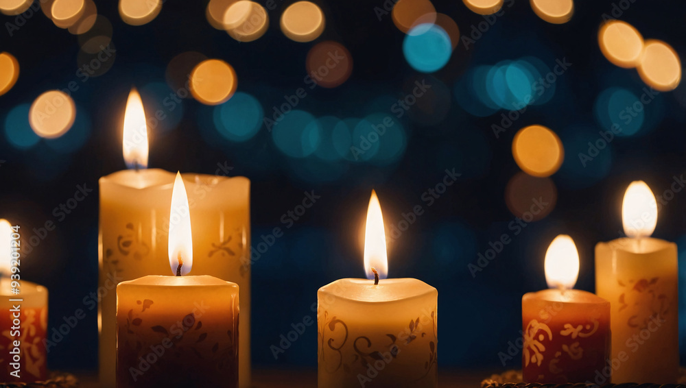 an illustration featuring a row of candles softly glowing, with a bokeh effect blurring the light into warm, soft circles an illustration featuring a row of candles softly glowing, with a bokeh effect blurring the light into warm, soft circles