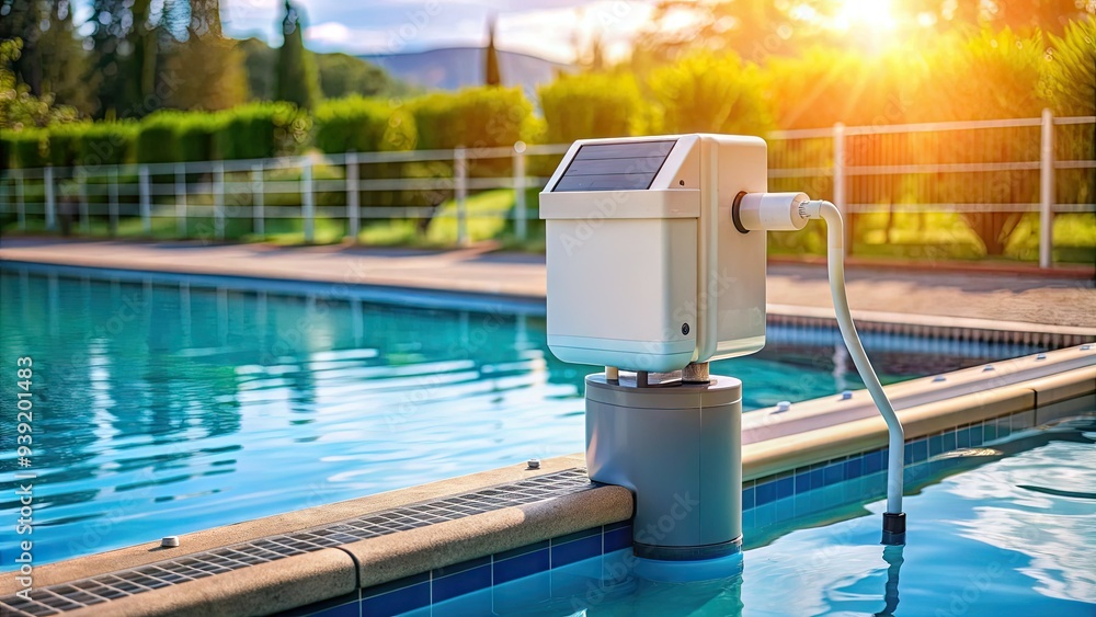 Naklejka premium Small tablet chlorinator feeder system installed on the side of a swimming pool, with sunlight reflecting off the calm water in the background.