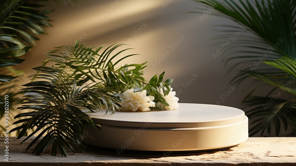 A white round table with a vase of flowers on top of it A white round table with a vase of flowers on top of it