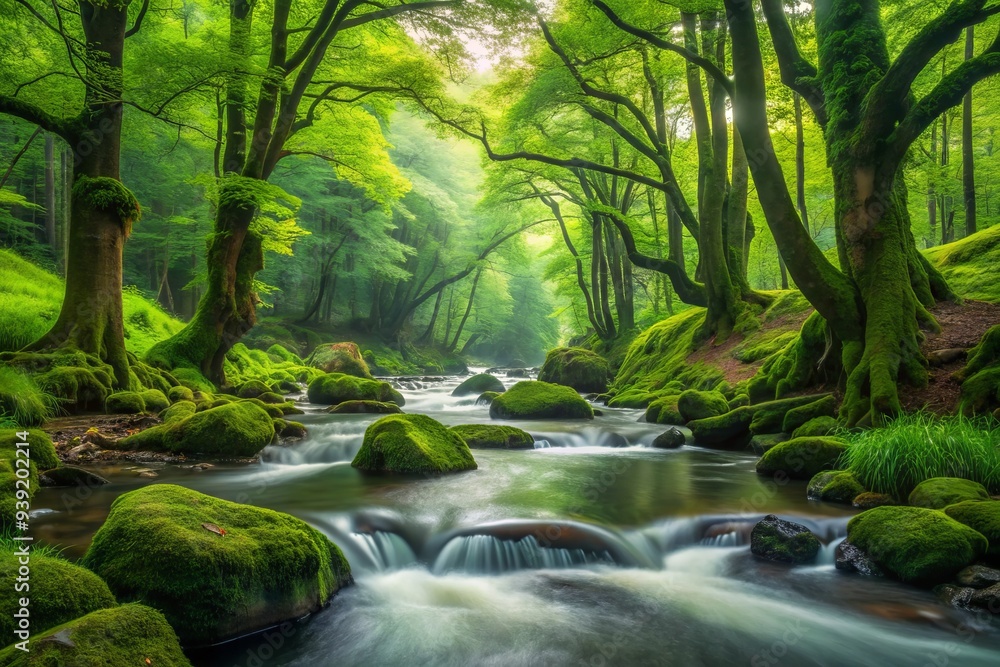 Fototapeta premium - Forest Rhapsody: Verdant greens, flowing rivers, ancient trees, soulful harmonies