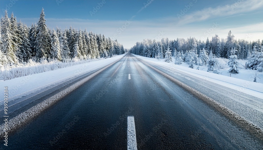 Straight road covered with snow and ice at winter Straight road covered with snow and ice at winter