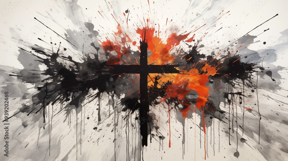 Fototapeta premium A painting of a cross with splatters of paint around it