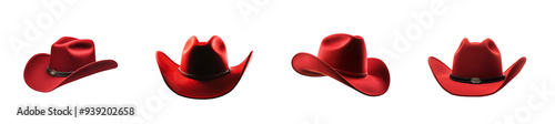 Set of western classic red cowboy or cowgirl hats isolated against a Transparent background PNG.
