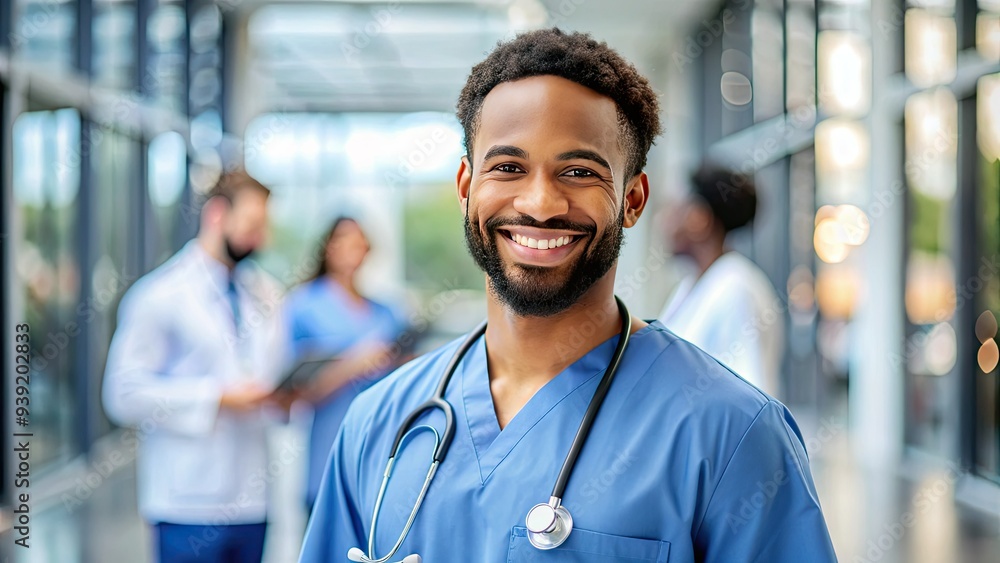 Smiling male nurse in blue scrubs with stethoscope around neck, standing against a blurred hospital background with a friendly and compassionate expression. Smiling male nurse in blue scrubs with stethoscope around neck, standing against a blurred hospital background with a friendly and compassionate expression.