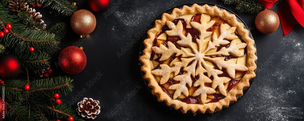 Apple pie with Christmas decoration (Christmas tree cookies), black bakground, copy space, top view Apple pie with Christmas decoration (Christmas tree cookies), black bakground, copy space, top view
