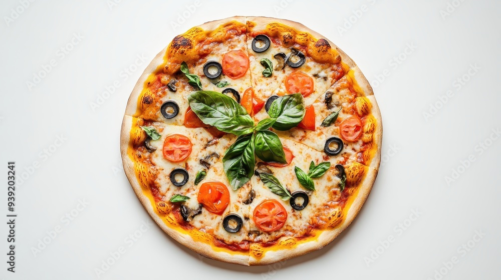 A delicious pizza topped with tomatoes, olives, and basil on a white background. A delicious pizza topped with tomatoes, olives, and basil on a white background.