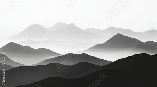 Black and white mountain range silhouette. Wide view with fog. Background of mountain ridges and hills.