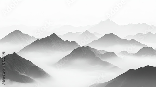 Black and white mountain range silhouette. Wide view with fog. Background of mountain ridges and hills.