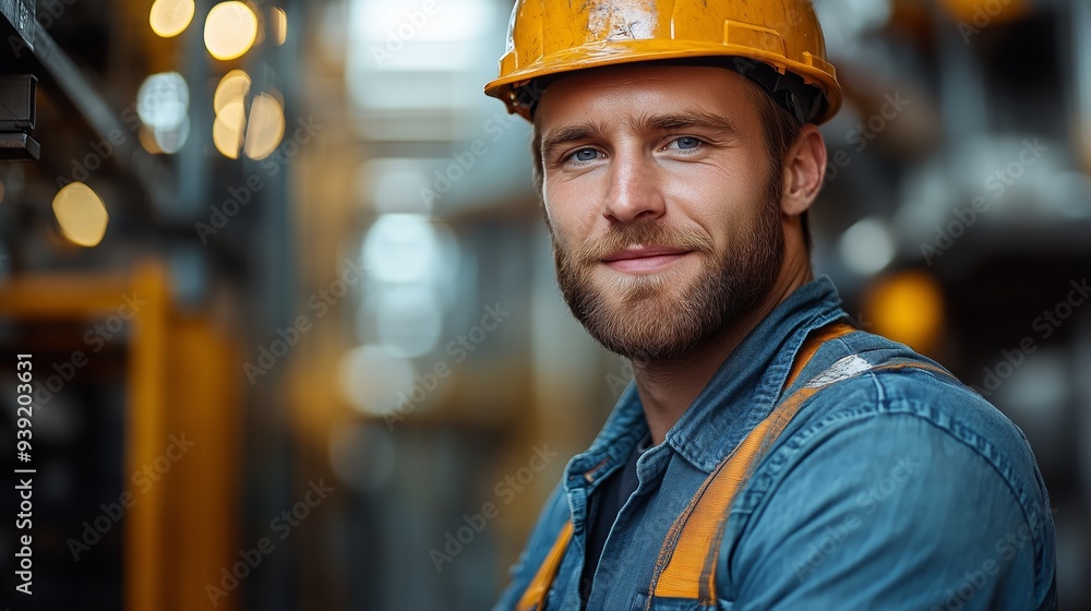 Portrait of a smiling worker in a hard hat looking at the camera against a blurred background. Portrait of a smiling worker in a hard hat looking at the camera against a blurred background.