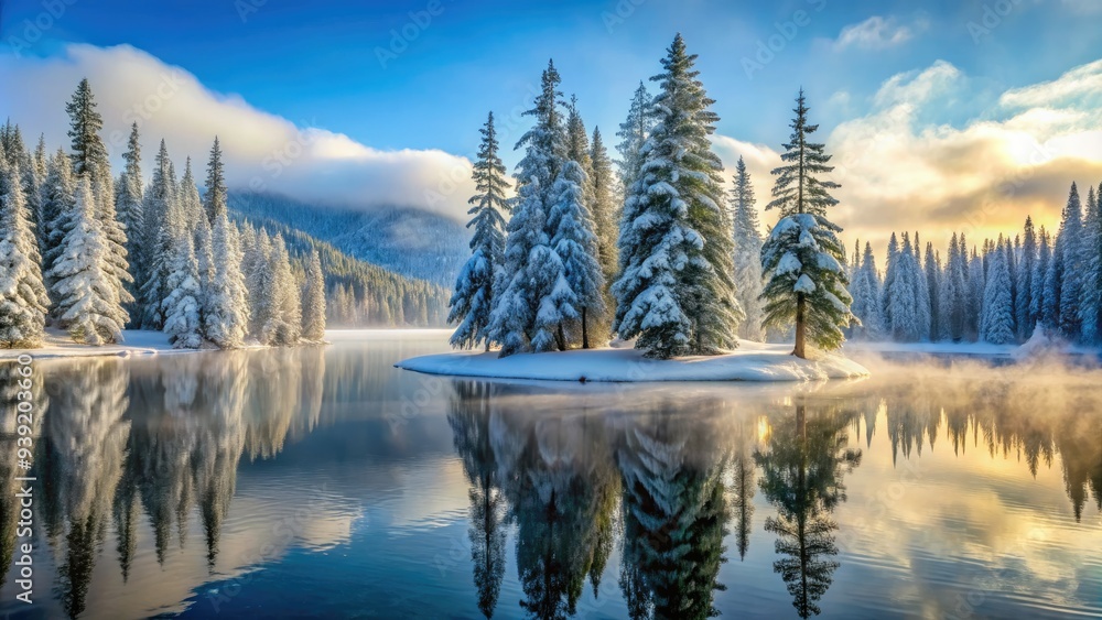 Obraz premium Snow-capped evergreen trees stand tall amidst a serene winter wonderland, frosty mist rising from a frozen lake in the Northwest's tranquil wilderness landscape.