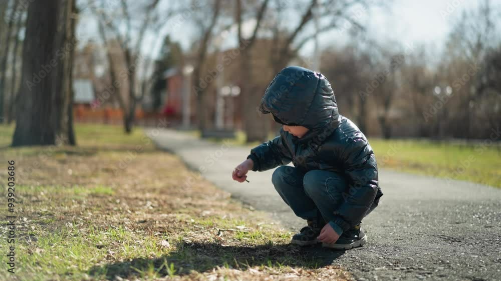 A young boy, dressed black jacket, blue jeans, and boots, squats on a paved path in open field, he is focused on digging into the soil with a stick that broke and he try to use the strong path A young boy, dressed black jacket, blue jeans, and boots, squats on a paved path in open field, he is focused on digging into the soil with a stick that broke and he try to use the strong path