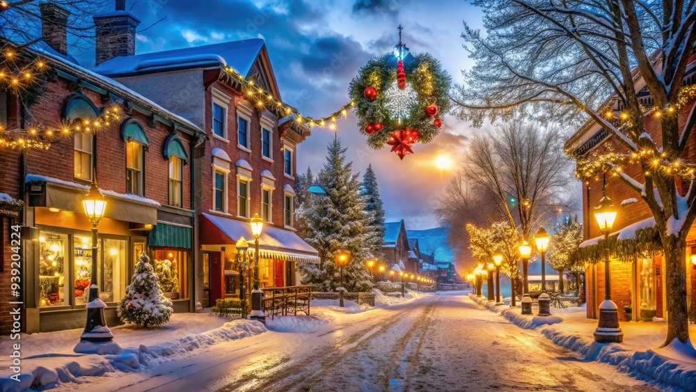 Fototapeta premium Snowflakes gently fall on a charming vintage-inspired small town main street decorated with festive holiday lights, wreaths, and garlands at dusk on Christmas Eve.