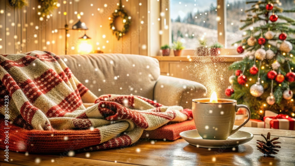 Snowflakes gently fall on a cozy living room scene with throw blankets, hot cocoa, and festive decorations, capturing the essence of a warm winter wonderland. Snowflakes gently fall on a cozy living room scene with throw blankets, hot cocoa, and festive decorations, capturing the essence of a warm winter wonderland.