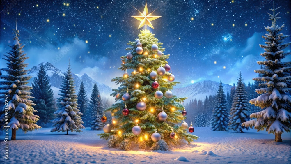 Snowflakes gently fall on a majestic evergreen Christmas tree adorned with twinkling lights, ornaments, and a star topper, standing tall in a winter wonderland scene. Snowflakes gently fall on a majestic evergreen Christmas tree adorned with twinkling lights, ornaments, and a star topper, standing tall in a winter wonderland scene.