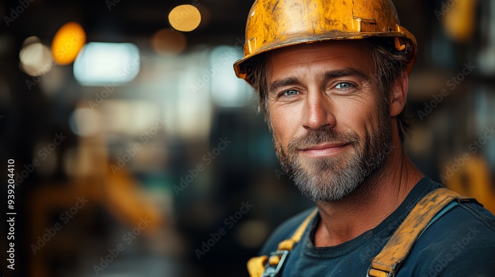 Portrait of a smiling worker in a hard hat looking at the camera against a blurred background. Portrait of a smiling worker in a hard hat looking at the camera against a blurred background.
