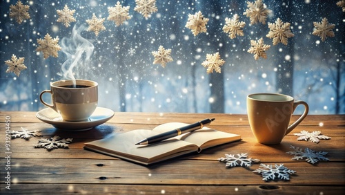 Snowflakes gently fall on a wooden desk, surrounded by scattered papers, pens, and a steaming cup of coffee, evoking a cozy winter writing atmosphere. photo