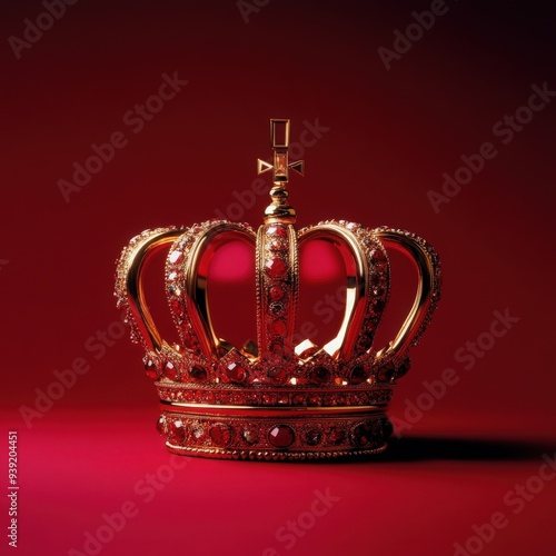 Luxurious golden crown adorned with jewels against a rich red background, symbolizing royalty and power.