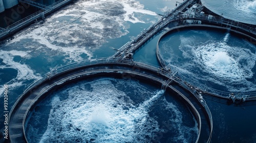 Aerial view of a water treatment plant with large circular tanks, processing and purifying water, ensuring clean water supply.