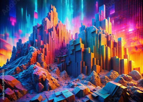 Glitch Rock Matrix: Pixelated patterns, vibrant hues, fragmented forms, evoking a futuristic, distorted interpretation of rock music.