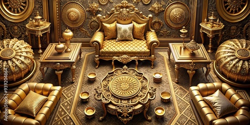 Golden Extravagance: Opulent textures, intricate patterns, lavish flat lay, majestic mood, ornate details, luxurious. photo