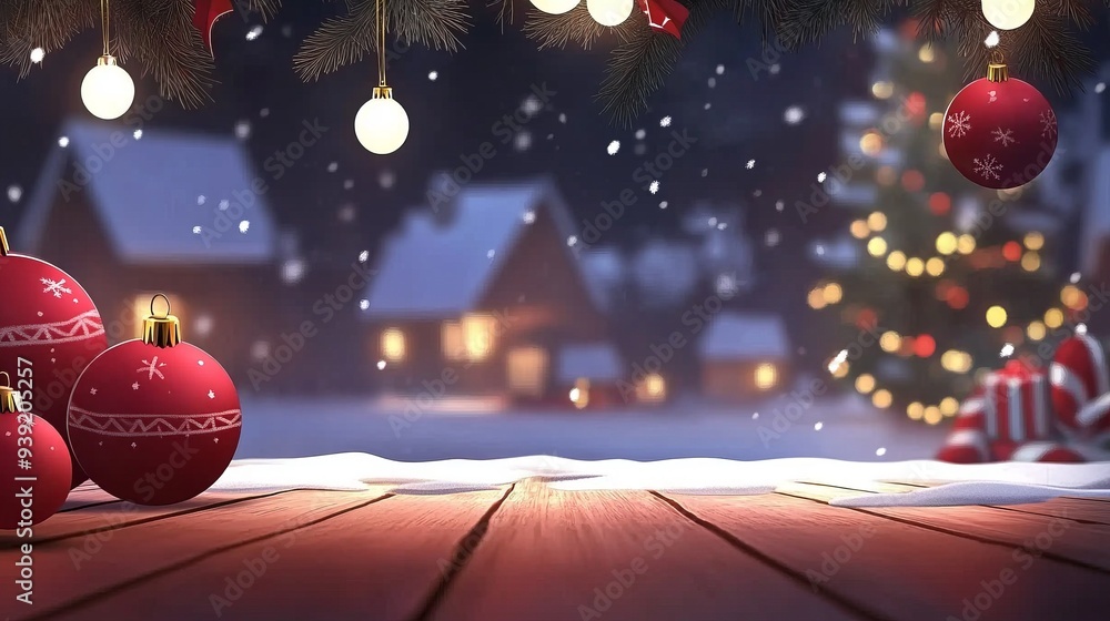 Fototapeta premium Christmas ornaments and lights hanging on a snowy tree in a cozy winter setting.