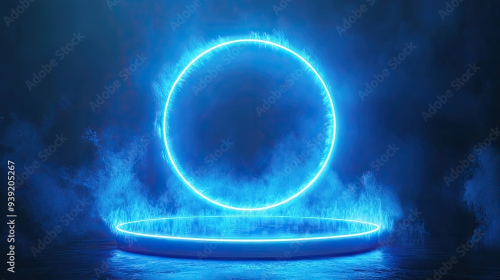 Blue light portal effect with magic neon glow. Tech hologram teleport. Energy ring for game. 3d power vortex pedestal. Abstract luminous futuristic product stage with line swirl and circular sparkle