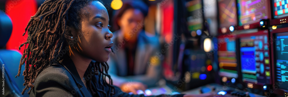 A dedicated professional manages a control panel, focusing intently while another colleague works on adjacent equipment A dedicated professional manages a control panel, focusing intently while another colleague works on adjacent equipment
