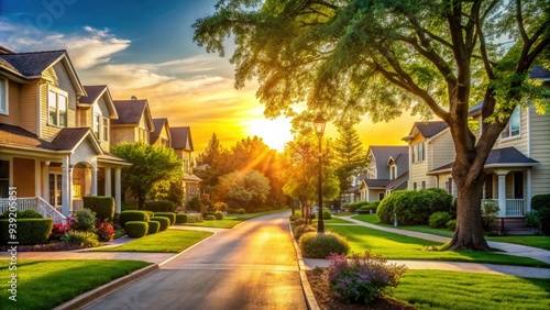Softly focused suburban street scene with warm sunlight casting a gentle glow on quiet residential homes and lush greenery, evoking a sense of serenity.