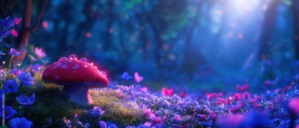 Fototapeta premium A whimsical forest scene featuring a vibrant mushroom surrounded by colorful flowers, bathed in soft, dreamy light.
