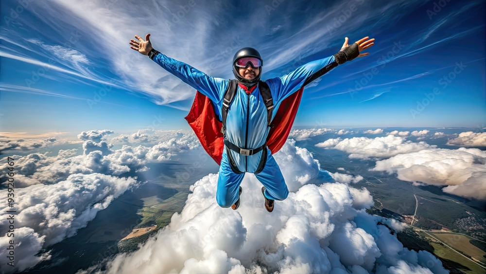 Solo figure in wingsuit soars through clear blue sky, arms outstretched, amidst wispy clouds, free and exhilarated in a thrilling extreme sports adventure. Solo figure in wingsuit soars through clear blue sky, arms outstretched, amidst wispy clouds, free and exhilarated in a thrilling extreme sports adventure.