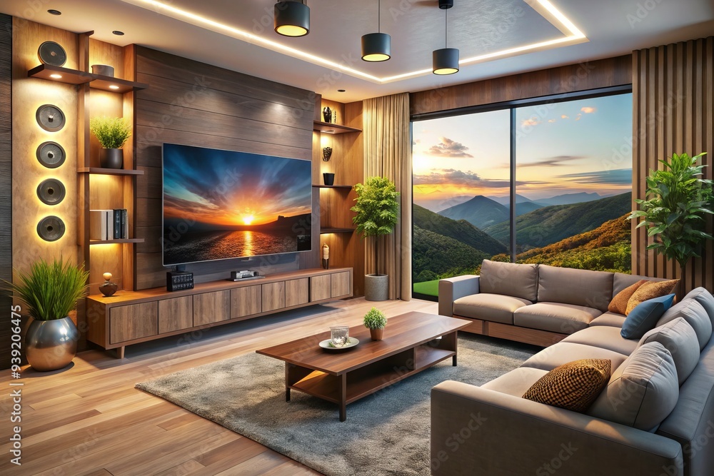 Home Entertainment Odyssey: Comfortable couch, Sleek remote, Immersive experience, Earthy colors, Relaxing atmosphere Home Entertainment Odyssey: Comfortable couch, Sleek remote, Immersive experience, Earthy colors, Relaxing atmosphere