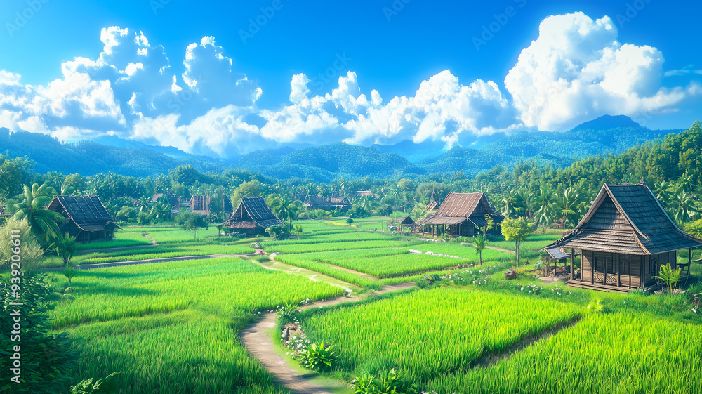Fototapeta premium Traditional wooden houses are scattered across lush green rice fields under a vibrant blue sky with fluffy clouds