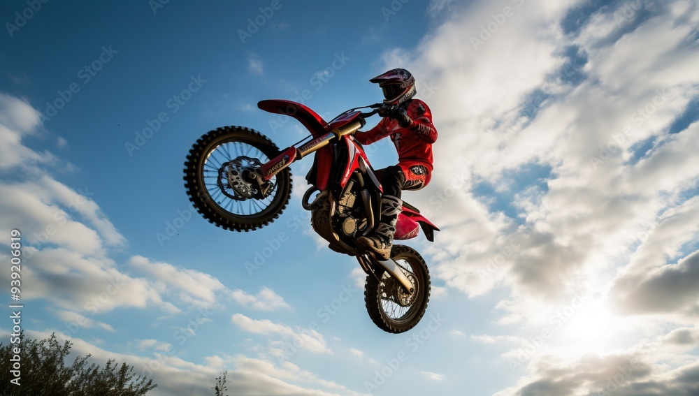 Motocross rider creates a silhouette as he soars through the air, dirt bike racing against a bright blue sky with dramatic clouds. Motocross rider creates a silhouette as he soars through the air, dirt bike racing against a bright blue sky with dramatic clouds.