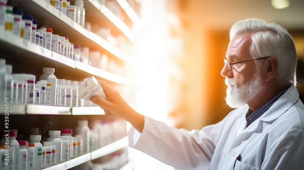 Senior male pharmacist checking medicine on a shelf. Pharmacist working in a pharmacy. Senior male pharmacist checking medicine on a shelf. Pharmacist working in a pharmacy.