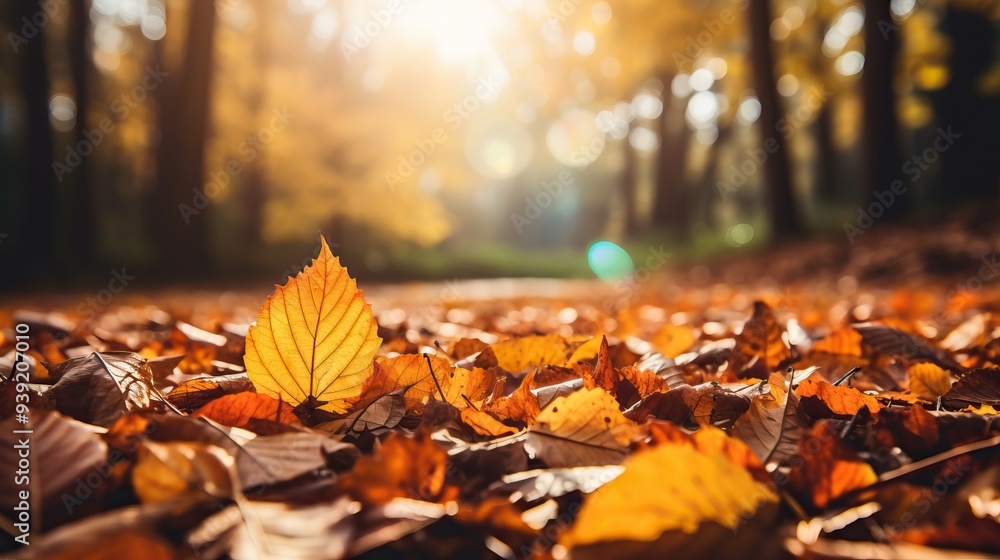A path covered in crisp, colorful autumn leaves winds through a sun drenched forest, creating a picturesque scene of fall beauty. A path covered in crisp, colorful autumn leaves winds through a sun drenched forest, creating a picturesque scene of fall beauty.