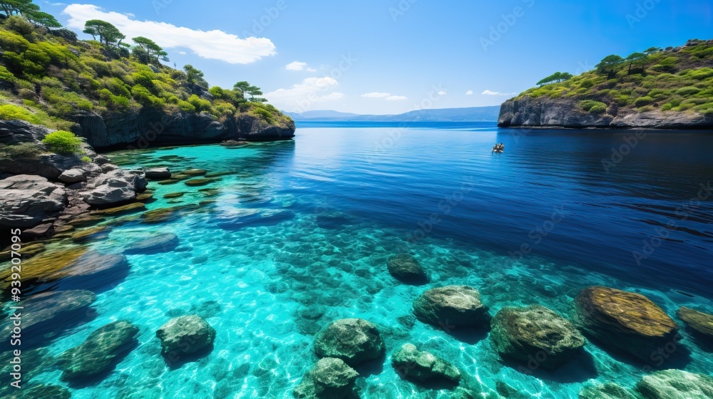 Fototapeta premium Crystal clear, turquoise water in a secluded cove or lagoon. Lush green islands embrace the tranquil bay, creating a paradise getaway.
