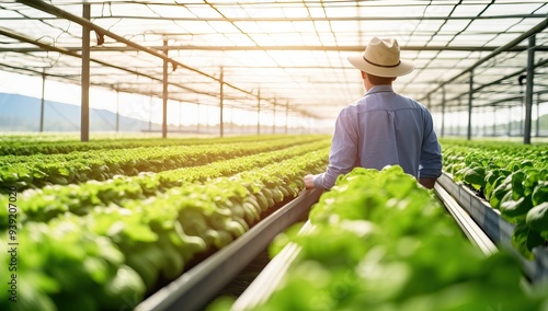 A farmer inspects rows of vibrant lettuce growing hydroponically inside a large commercial greenhouse.  photo