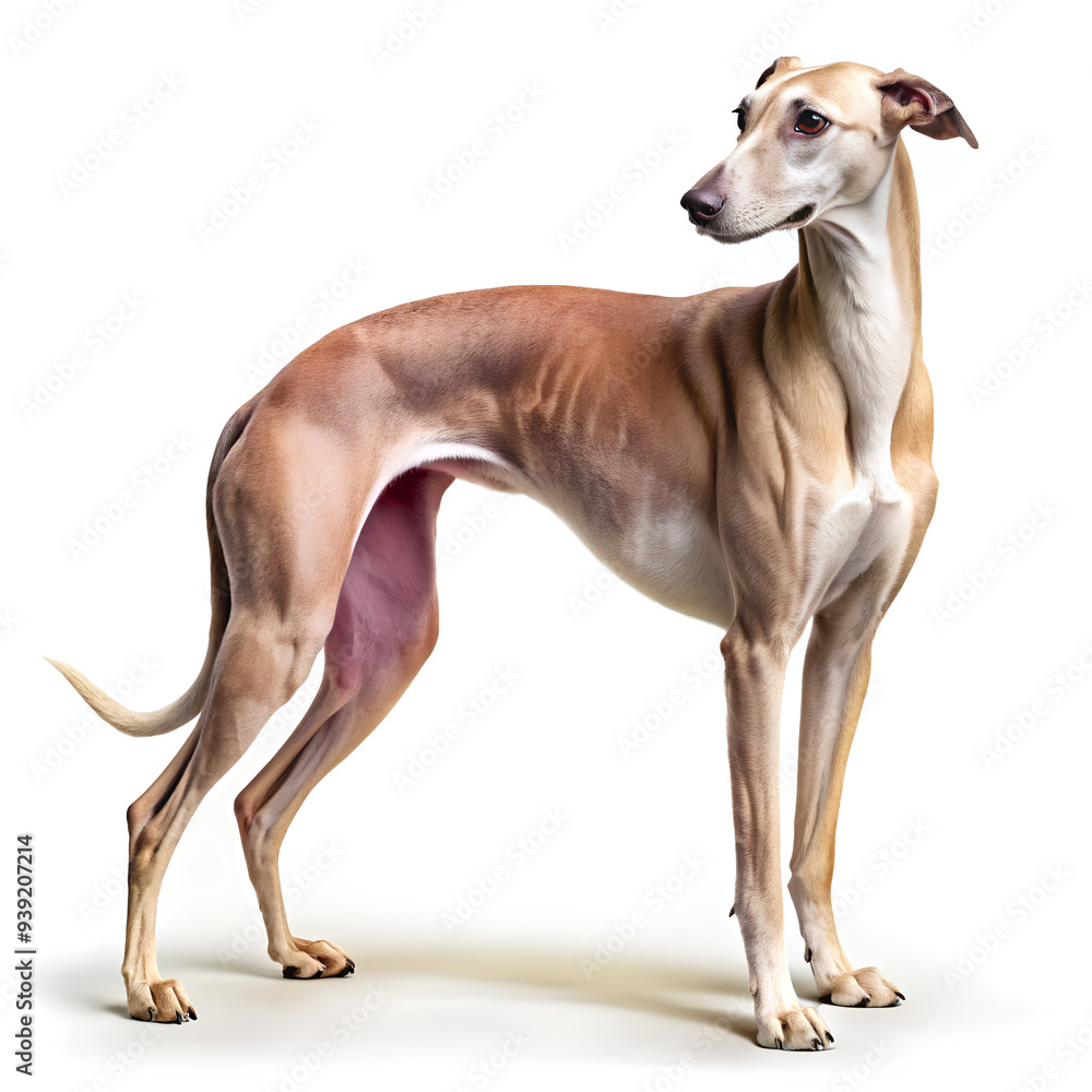 Sleek greyhound standing with a streamlined body, isolated on white background, Clipping path Sleek greyhound standing with a streamlined body, isolated on white background, Clipping path