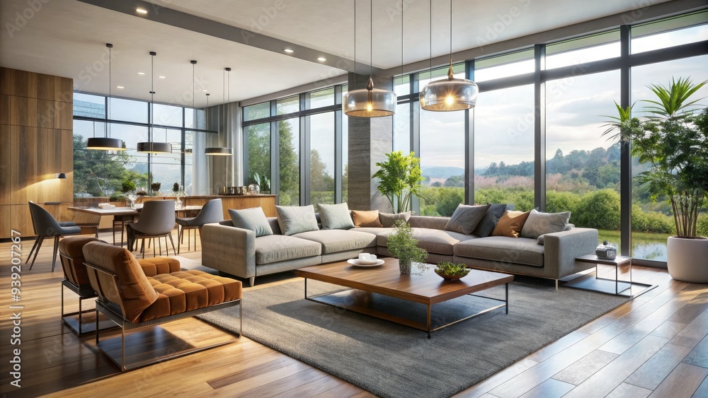 Spacious modern open-plan living room with sleek furniture, large windows, and minimalist decor, exuding comfort and sophistication in a serene, airy atmosphere. Spacious modern open-plan living room with sleek furniture, large windows, and minimalist decor, exuding comfort and sophistication in a serene, airy atmosphere.