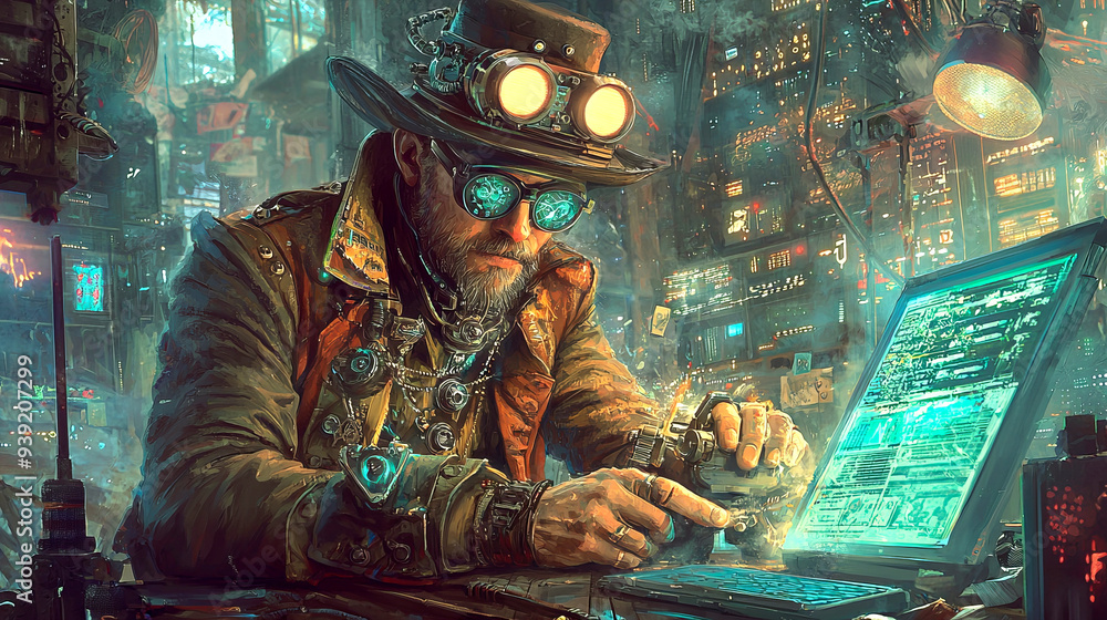 Fototapeta premium Steampunk inventor working on a steam-powered robot in a cluttered workshop