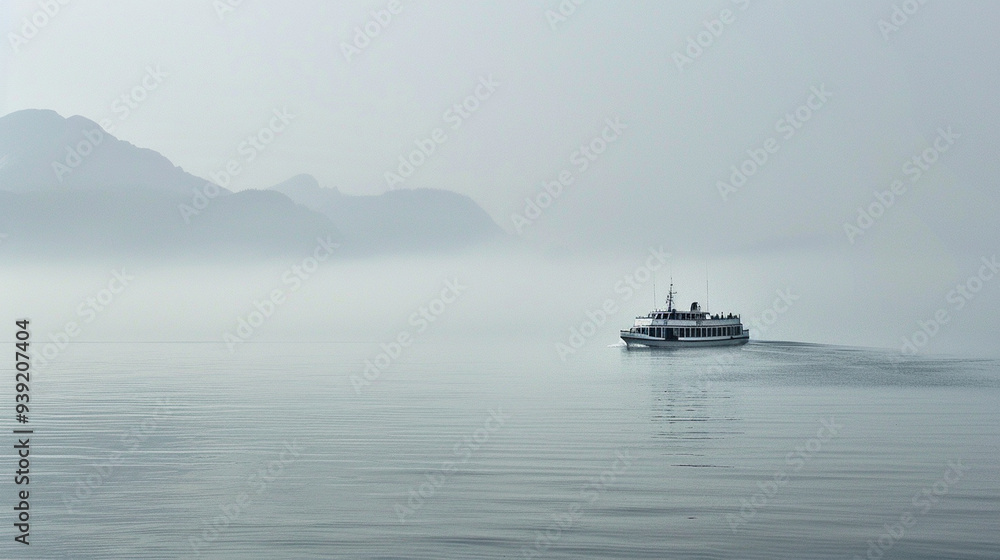 A ferryboat crossing a foggy bay, with only the faint outline of distant mountains visible A ferryboat crossing a foggy bay, with only the faint outline of distant mountains visible