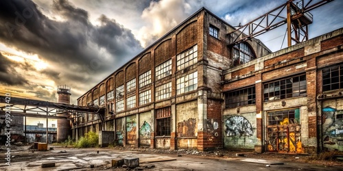 Industrial Decay: Rusting metal, graffiti, broken windows, abandoned buildings, monochrome