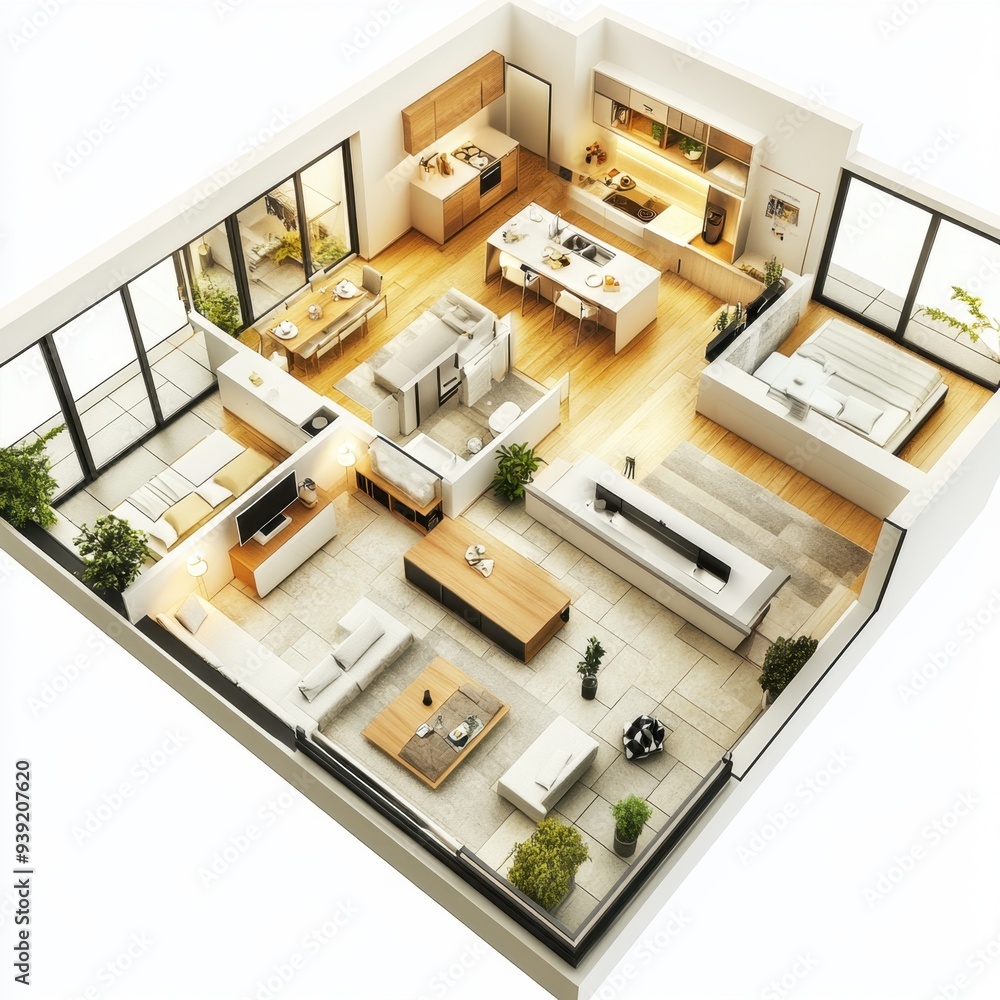 A large open living room with a kitchen and a bedroom A large open living room with a kitchen and a bedroom