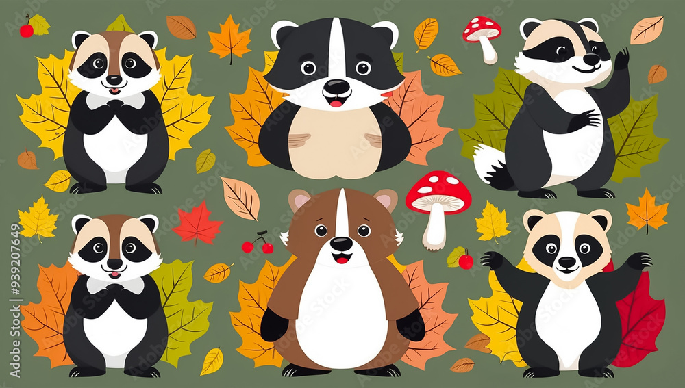 sticker set, different cute funny badgers