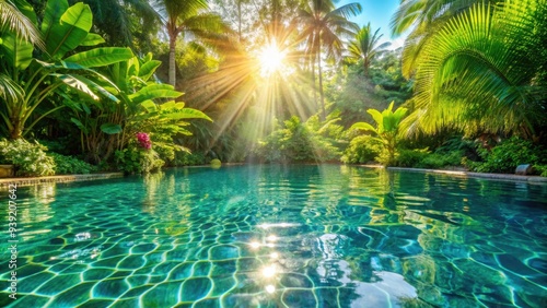 Sparkling crystal-clear water ripples in a serene green-surrounded swimming pool, with lush tropical foliage and warm sunlight casting a refreshing atmosphere. photo