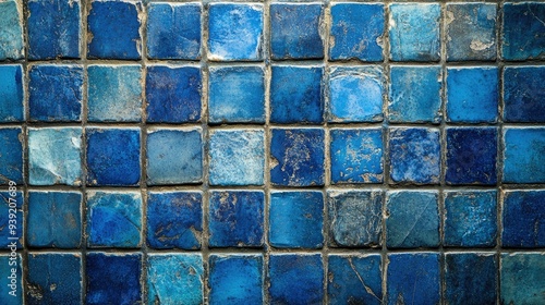 close up blue mosaic wall tiles in modern style. real antique ceramic interior wall tiles. wall tiles background for modern, simple, bold, fresh, soft, antique concept.