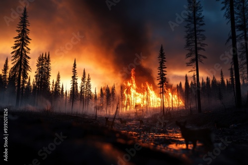 A raging wildfire tears through a dense forest under an atmospheric sky, highlighting the raw power of nature and the frailty of the ecosystem amidst intense flames.