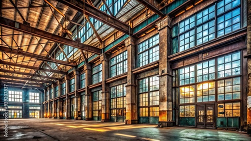 Wallpaper Mural Industrial Panoramic Panorama: Large windows, exposed beams, urban ambiance, metallic accents, gritty textures Torontodigital.ca