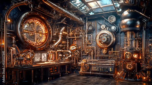 Steampunk inventor's workshop filled with mechanical devices and blueprints